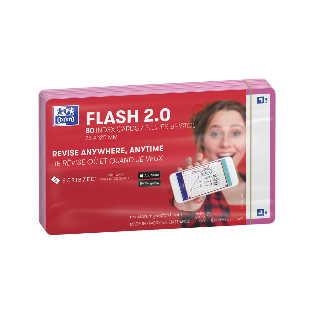 Oxford Flash 2.0-80 Sheets of Bristol Flash Cards 7.5 x 12.5 cm Small  Squares with Fuchsia Frame