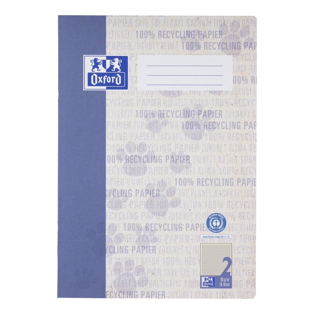 Oxford Recycling # A4 Schulheft, Lineatur 2, 16 Blatt,  90 g/m² OPTIK PAPER® 100% recycled, geheftet, dunkelblau