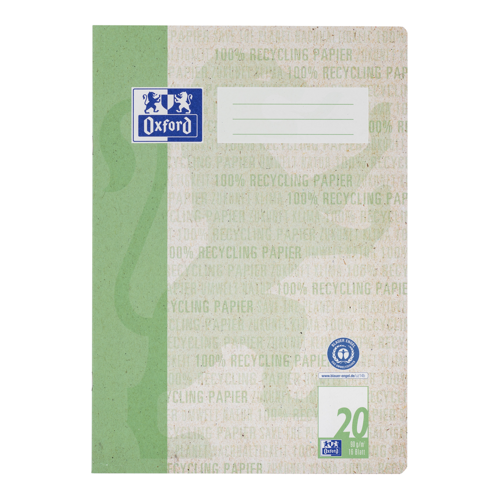 Oxford Recycling # A4 Schulheft, Lineatur 20 (blanko), 16 Blatt,  90 g/m² OPTIK PAPER® 100% recycled, geheftet, dunkelgrün