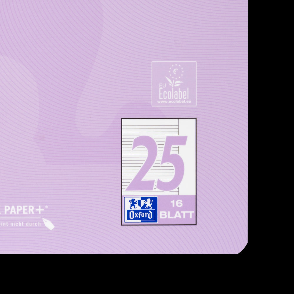 Oxford Touch Pastell Schulheft A4
#Lineatur 25 (liniert mit weißem Rand rechts), 16 Blatt, geheftet, pastell flieder