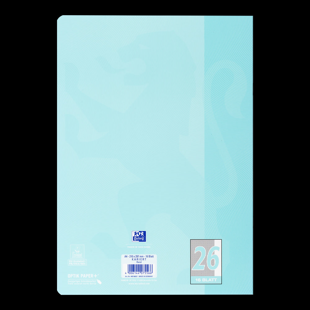 Oxford Touch Pastell Schulheft A4
#Lineatur 26 (kariert mit weißem Rand rechts), 16 Blatt, geheftet, pastell blau