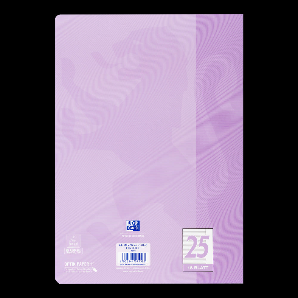Oxford Touch Pastell Schulheft A4
#Lineatur 25 (liniert mit weißem Rand rechts), 16 Blatt, geheftet, pastell flieder