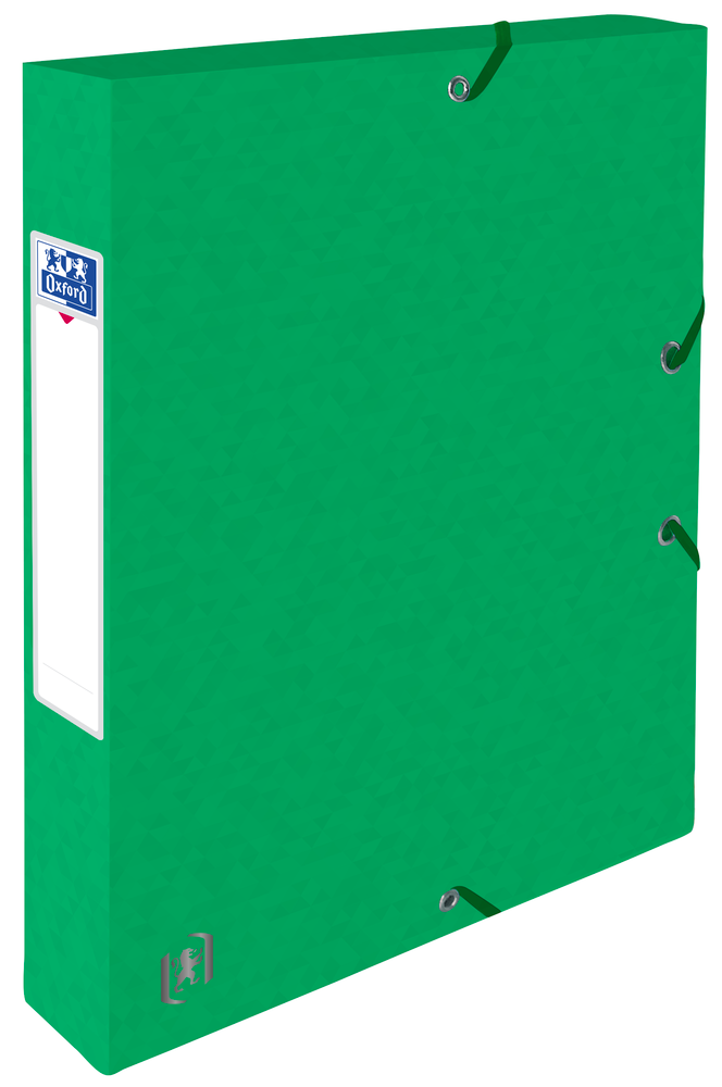 Oxford TOP FILE+ # Sammelbox in A4, Farbe: grün, 425 g/m² Karton, Multi´Strat™ Technologie, 40 mm breit, Beschriftungsetikett, drei Einschlagklappen, Eckspannergummis