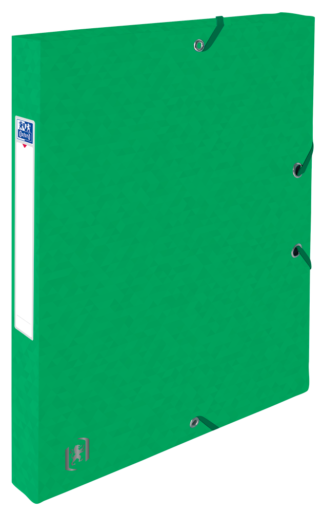 Oxford TOP FILE+ # Sammelbox in A4, Farbe: grün, 425 g/m² Karton, Multi´Strat™ Technologie, 25 mm breit, Beschriftungsetikett, drei Einschlagklappen, Eckspannergummis