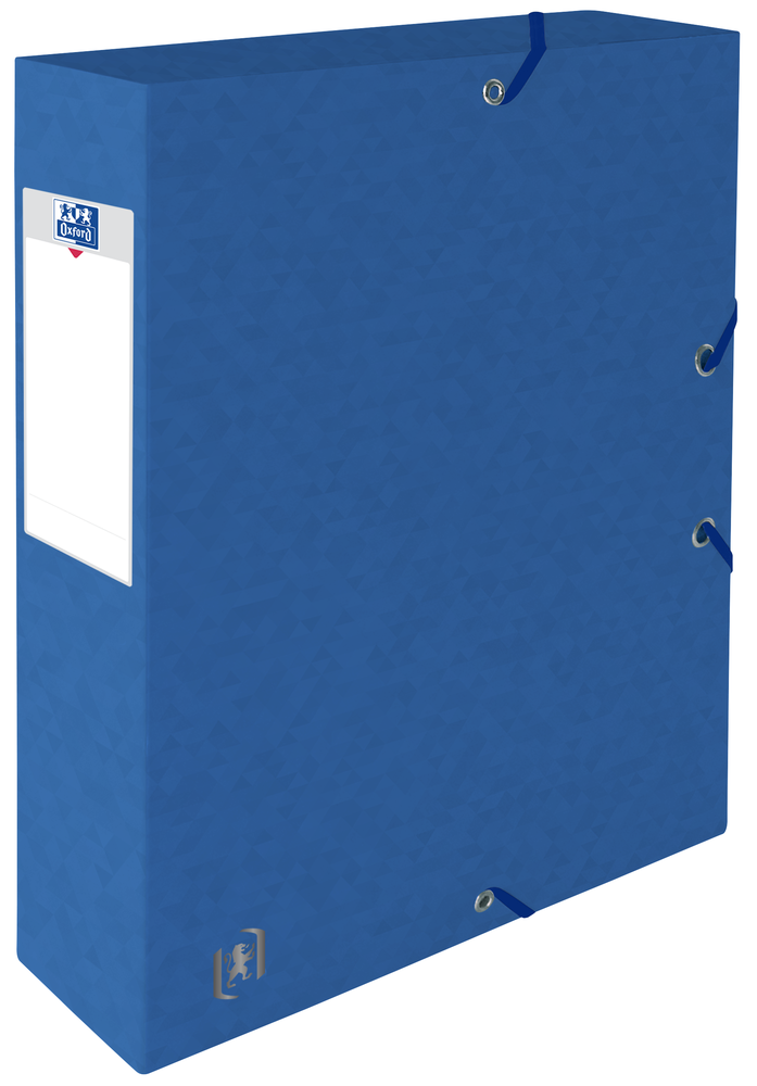 Oxford TOP FILE+ # Sammelbox in A4, Farbe: blau, 425 g/m² Karton, Multi´Strat™ Technologie, 60 mm breit, Beschriftungsetikett, drei Einschlagklappen, Eckspannergummis