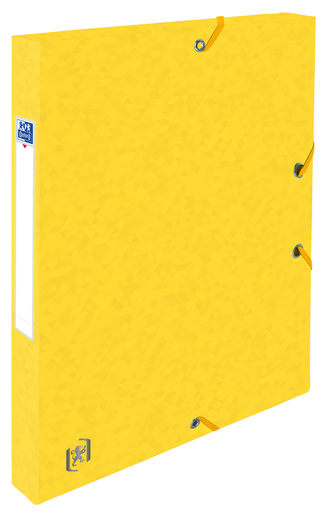 Oxford TOP FILE+ # Sammelbox in A4, Farbe: gelb, 425 g/m² Karton, Multi´Strat™ Technologie, 25 mm breit, Beschriftungsetikett, drei Einschlagklappen, Eckspannergummis