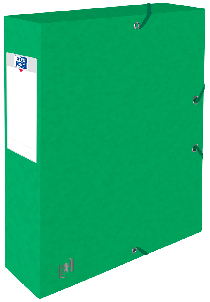 Oxford TOP FILE+ # Sammelbox in A4, Farbe: grün, 425 g/m² Karton, Multi´Strat™ Technologie, 60 mm breit, Beschriftungsetikett, drei Einschlagklappen, Eckspannergummis