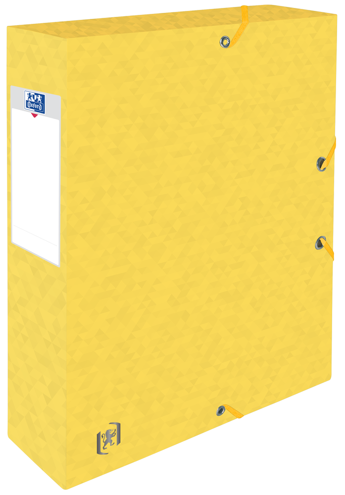 Oxford TOP FILE+ # Sammelbox in A4, Farbe: gelb, 425 g/m² Karton, Multi´Strat™ Technologie, 60 mm breit, Beschriftungsetikett, drei Einschlagklappen, Eckspannergummis