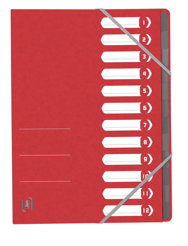 Oxford TOP FILE+ # Ordnungsmappe A4 mit 12 Fächern, Farbe: rot, 390 g/m² Karton, Multi´Strat™ Technologie, Gummizugverschluss