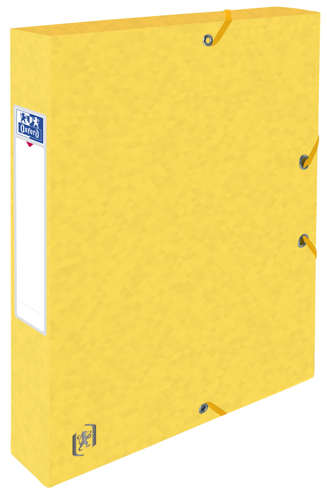 Oxford TOP FILE+ # Sammelbox in A4, Farbe: gelb, 425 g/m² Karton, Multi´Strat™ Technologie, 40 mm breit, Beschriftungsetikett, drei Einschlagklappen, Eckspannergummis
