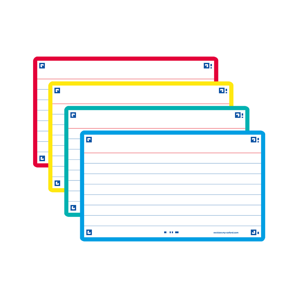Oxford FLASH 2.0 # Karteikarten, liniert mit 4 farblich sortierten Rahmen (gelb, rot, türkis, mint), A7, Packung mit 80 Stück