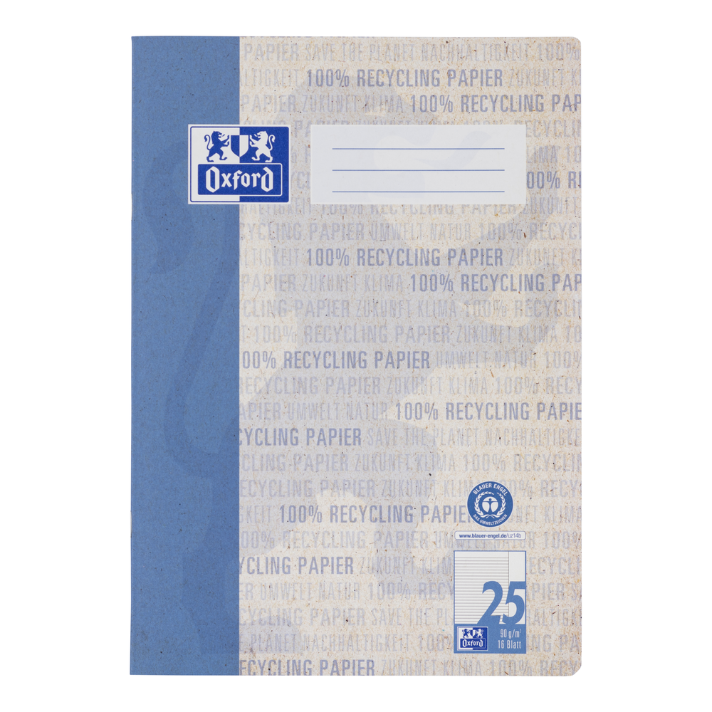 Oxford Recycling # A4 Schulheft, Lineatur 25 (liniert mit breitem, weißem Rand rechts), 16 Blatt,  90 g/m² OPTIK PAPER® 100% recycled, geheftet, blau