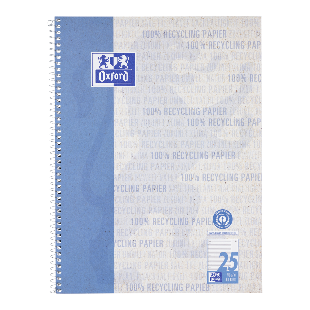 Oxford Recycling # A4+ Collegeblock, Lineatur 25 (liniert mit breitem, weißem Rand rechts), 80 Blatt, 90 g/m² OPTIK PAPER® 100% recycled, Spiralbindung, 4-fach gelocht, Microperforation und Ausreißhilfe, blau