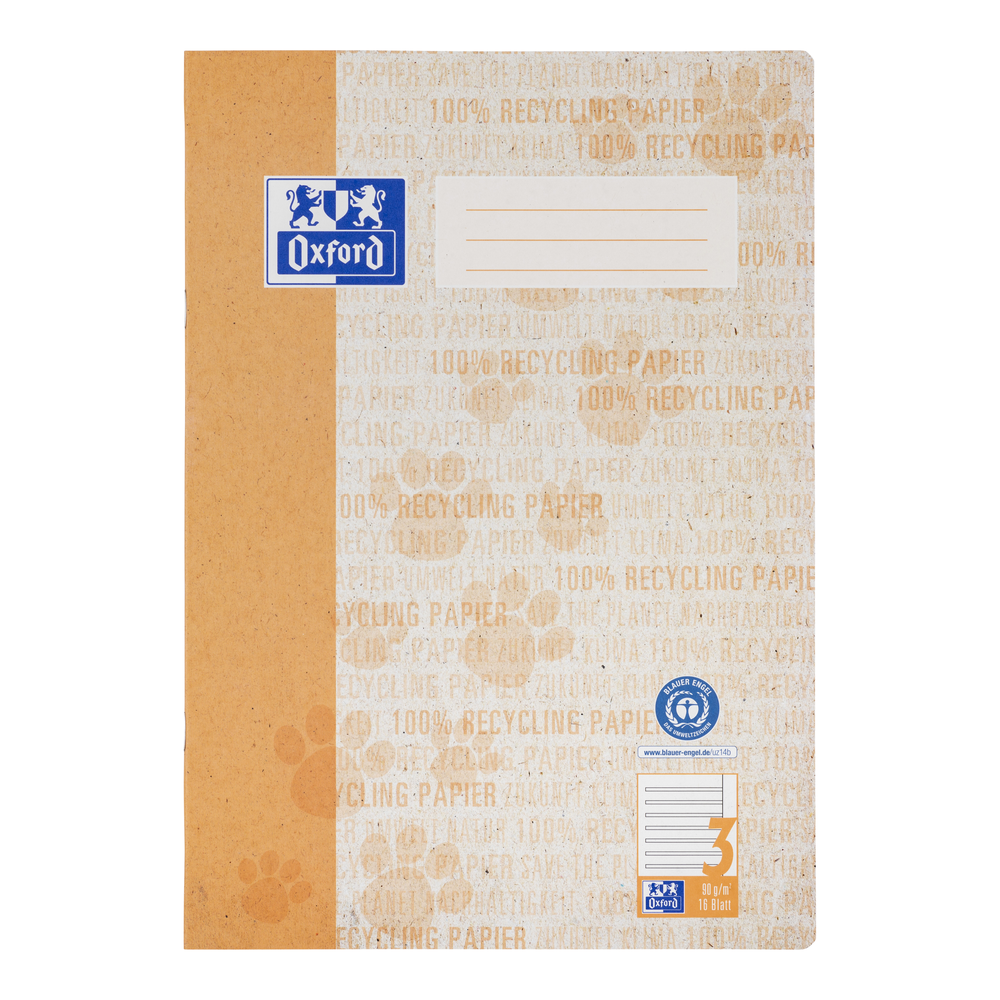 Oxford Recycling # A4 Schulheft, Lineatur 3 mit weißem Rand, 16 Blatt,  90 g/m² OPTIK PAPER® 100% recycled, geheftet, orange