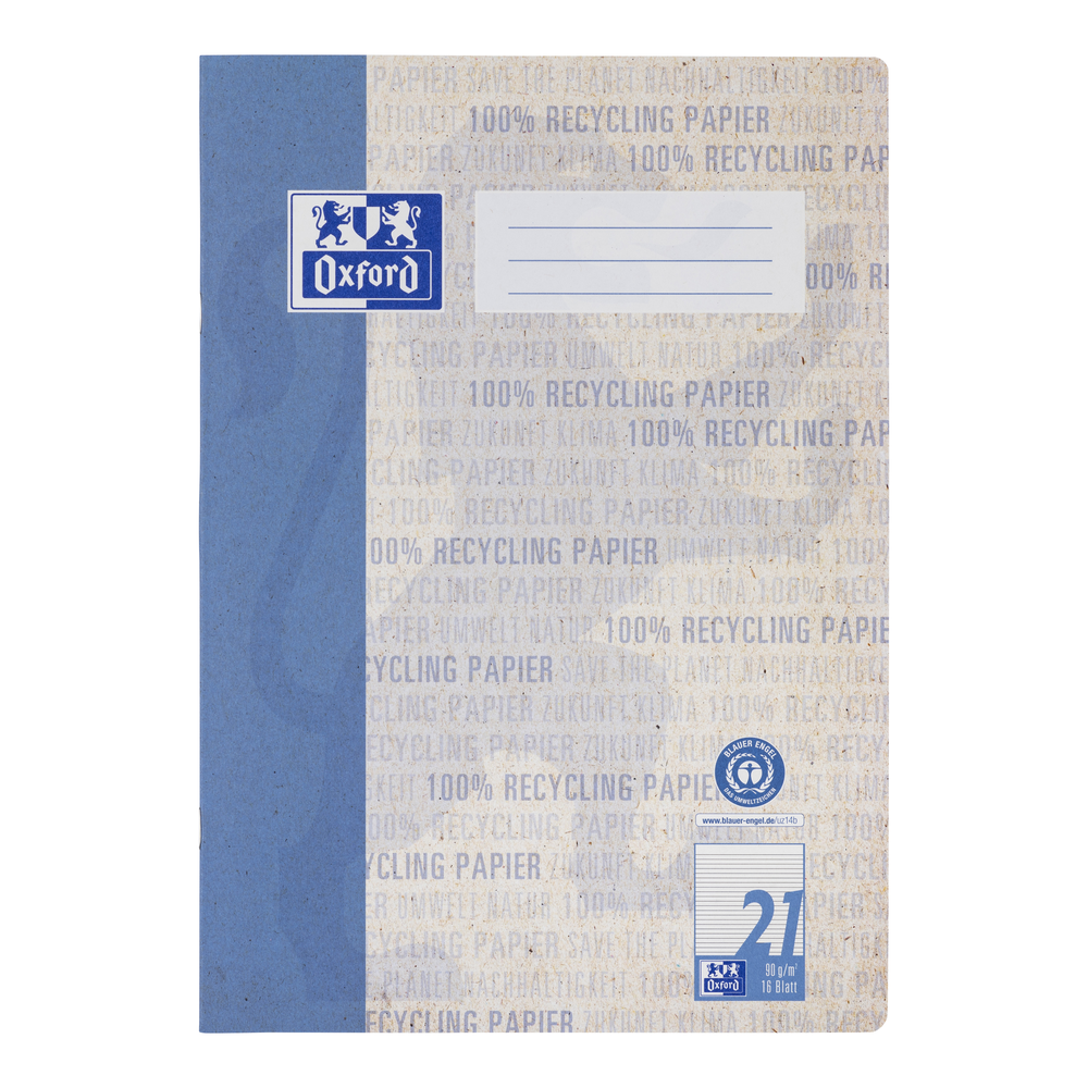 Oxford Recycling # A4 Schulheft, Lineatur 21 (liniert ohne Rand), 16 Blatt,  90 g/m² OPTIK PAPER® 100% recycled, geheftet, blau