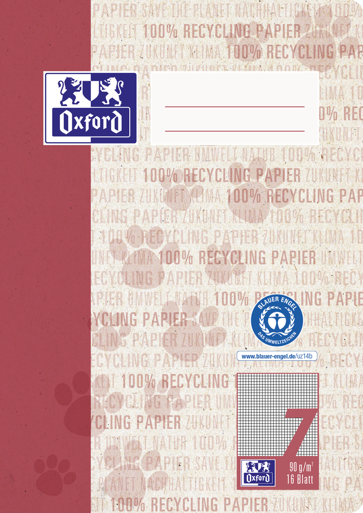 Oxford Recycling # A5 Schulheft, Lineatur 7, 16 Blatt,  90 g/m² OPTIK PAPER® 100% recycled, geheftet, dunkelrot