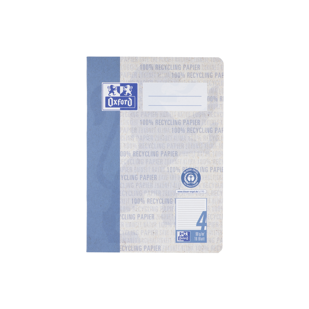 Oxford Recycling # A5 Schulheft, Lineatur 4, 16 Blatt,  90 g/m² OPTIK PAPER® 100% recycled, geheftet, blau