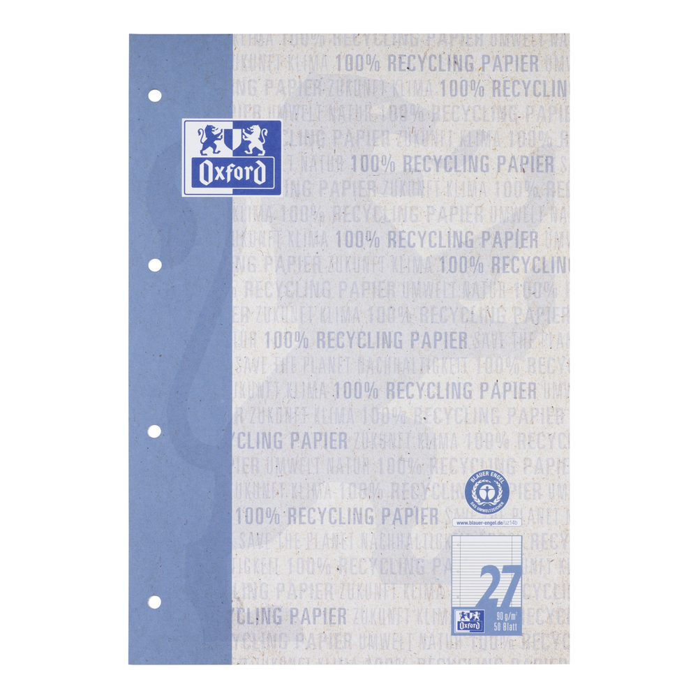 Oxford Recycling # A4 Schulblock, Lineatur 27 (liniert mit Rand links und rechts), 50 Blatt, 90 g/m² OPTIK PAPER® 100% recycled, 4-fach gelocht, kopfgeleimt, stabile Kartonunterlage, blau