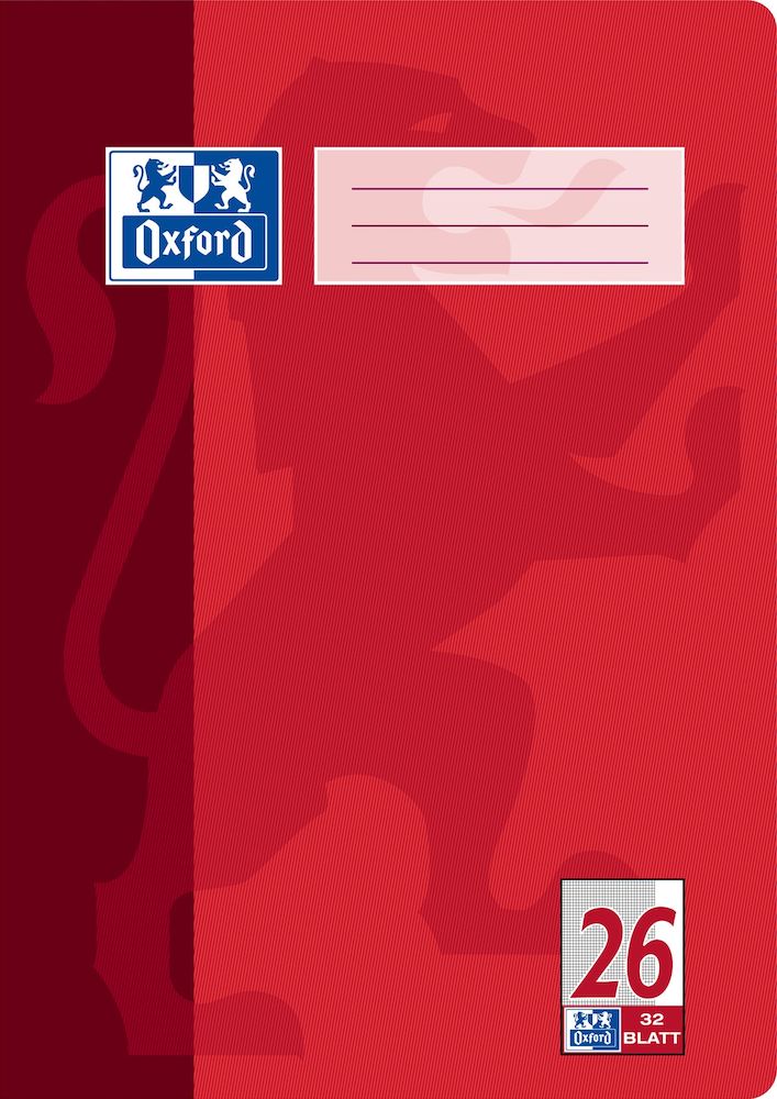 Oxford CLASSIC # Schulheft A4,  Lineatur 26 (kariert mit breitem, weißem Rand rechts), 32 Blatt, 90 g/m² OPTIK PAPER®, geheftet, Farbe: rot