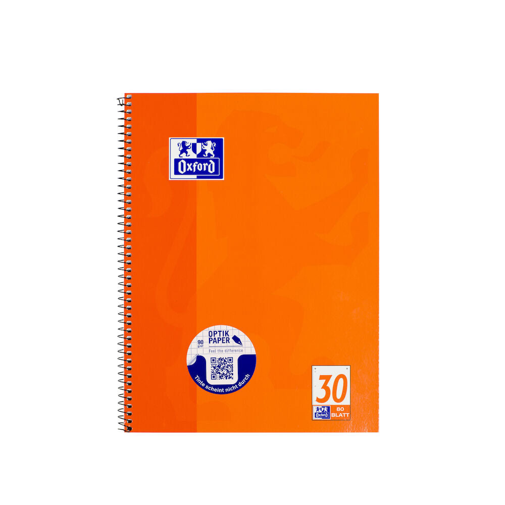 Oxford CLASSIC # Collegeblock A4+, blanko, 80 Blatt, 90 g/m² OPTIK PAPER® , Spiralbindung, 4-fach gelocht, Microperforation und Ausreißhilfe, Farbe: orange