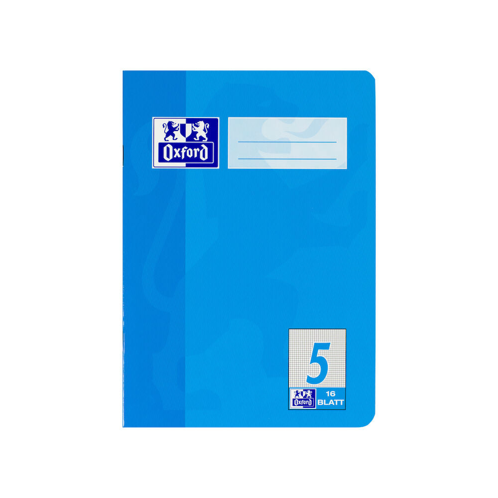 Oxford CLASSIC # Schulheft A5, Lineatur 5 (kariert 5 mm), 16 Blatt, 90 g/m² OPTIK PAPER®, geheftet, Farbe: hellblau